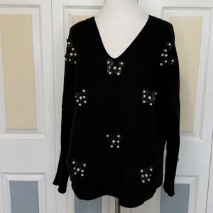 LIV Milano Black Sweater XL V Neck 3D Butterfly Pearl Applique Long‎ Sleeve